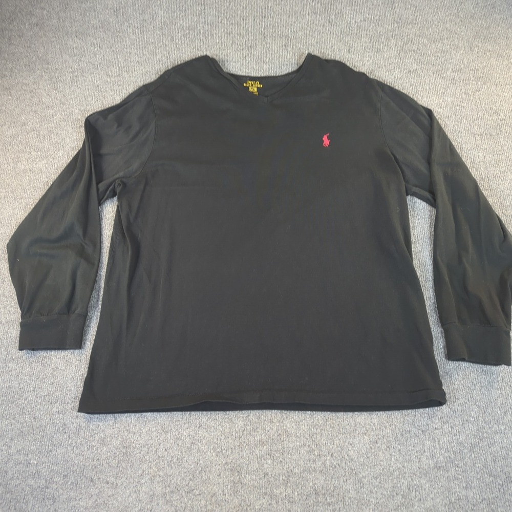 Polo Ralph Lauren Mens XL V-Neck Long Sleeve T-Shirt Black Red Pony Logo 2537